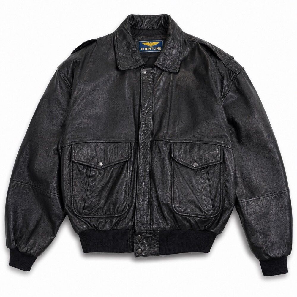 Vintage Flightline Leather Bomber Jacket Men Size XL Black Aviator Flight Coat